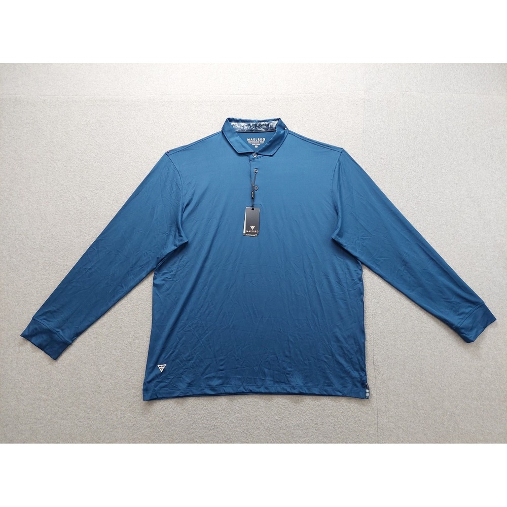 Maelreg Men Polo Shirt 2XL Blue Long Sleeve Button Front Collared 4 Way Stretch